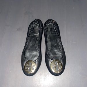 Tory Burch Black Flats with Gold Logo